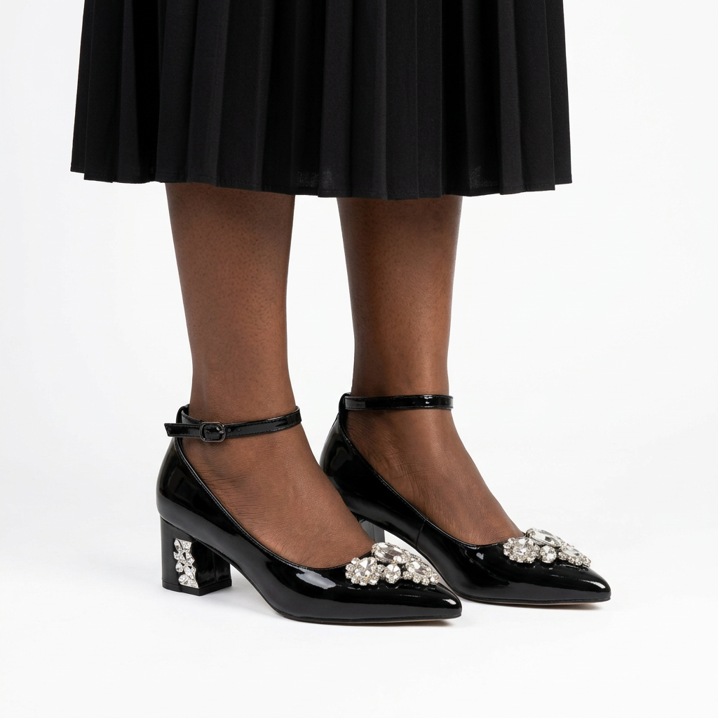 Adult woman with feet together wearing black jewel-cluster block heels