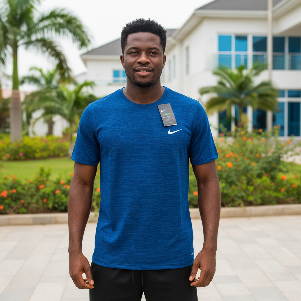 Nigerian male model wearing deep royal blue heathered athletic performance tee