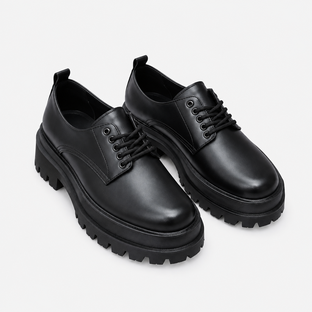 Black men's lace-up derby shoes with lug sole shown as a complete pair