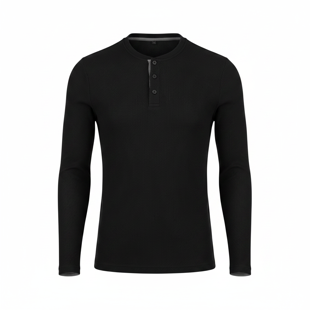 Black Ribbed Henley Long-Sleeve Shirt - Ghost Mannequin
