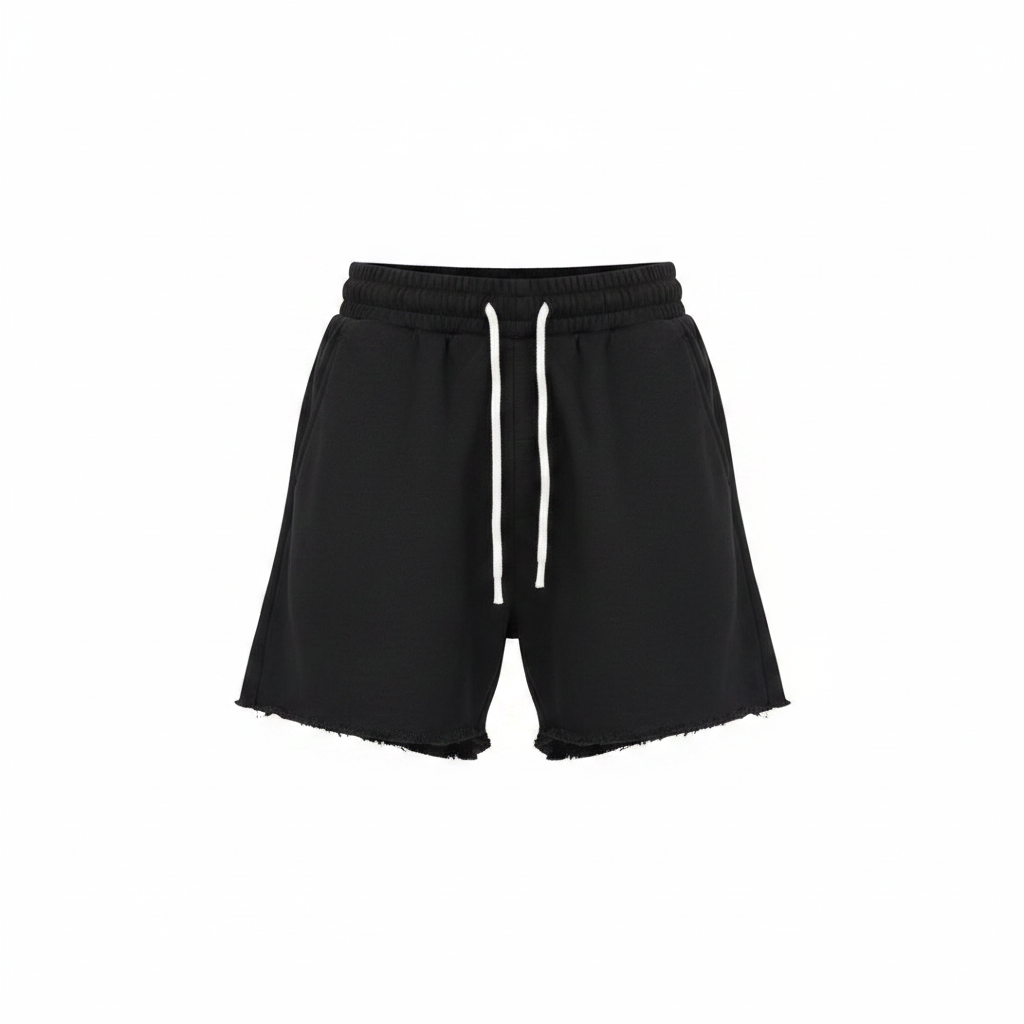 Ghost mannequin front view of black plain fleece drawstring shorts with raw frayed hem