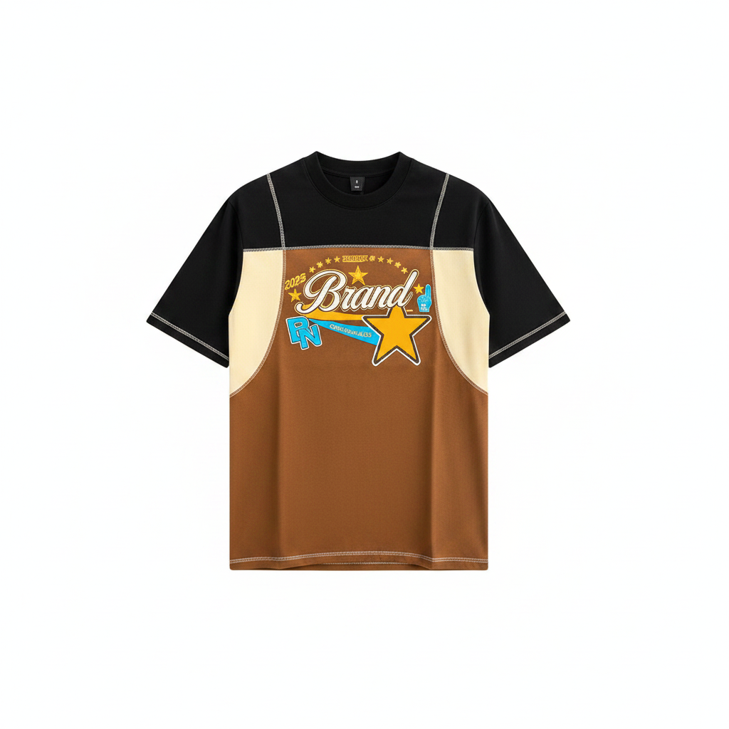 Men's Black & Brown Colour-Block Star Graphic T-Shirt – Ghost Mannequin Front View