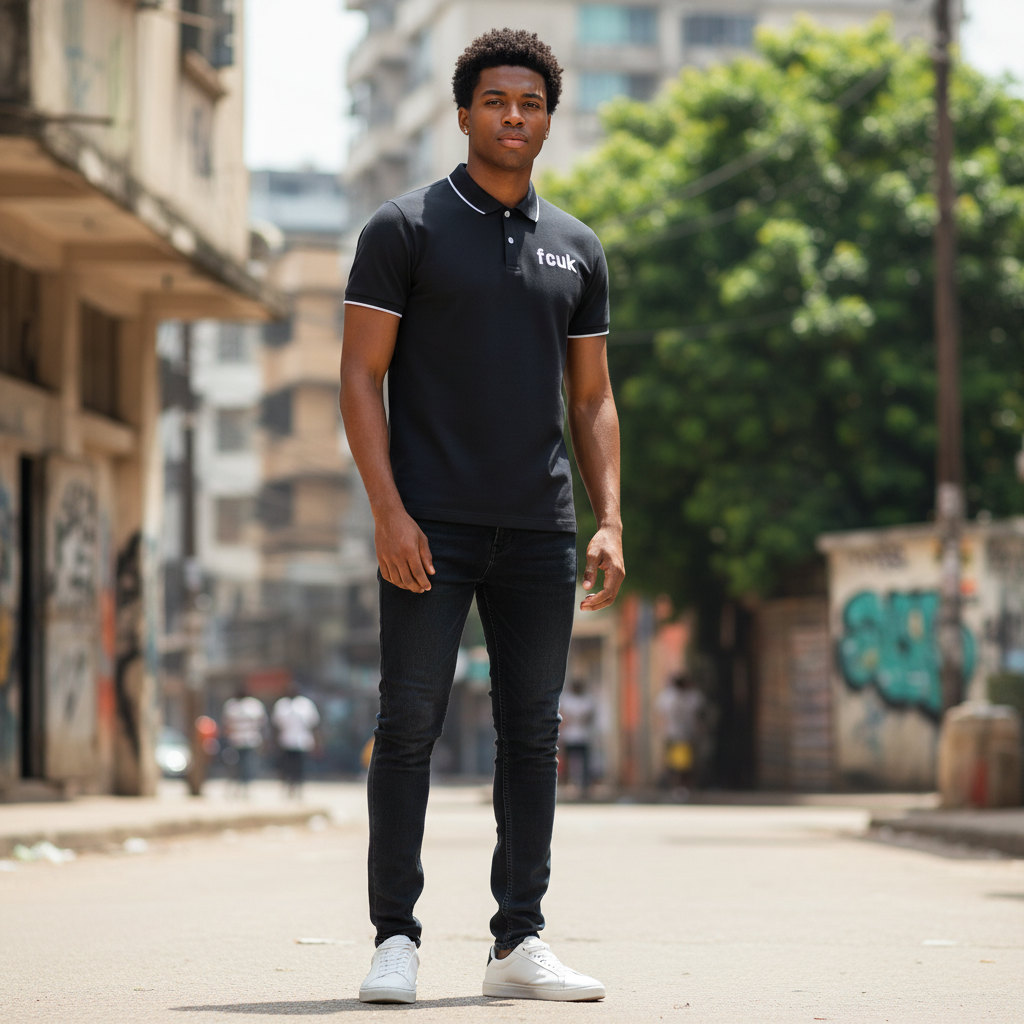 Young Nigerian male model wearing black FCUK polo with white tipping