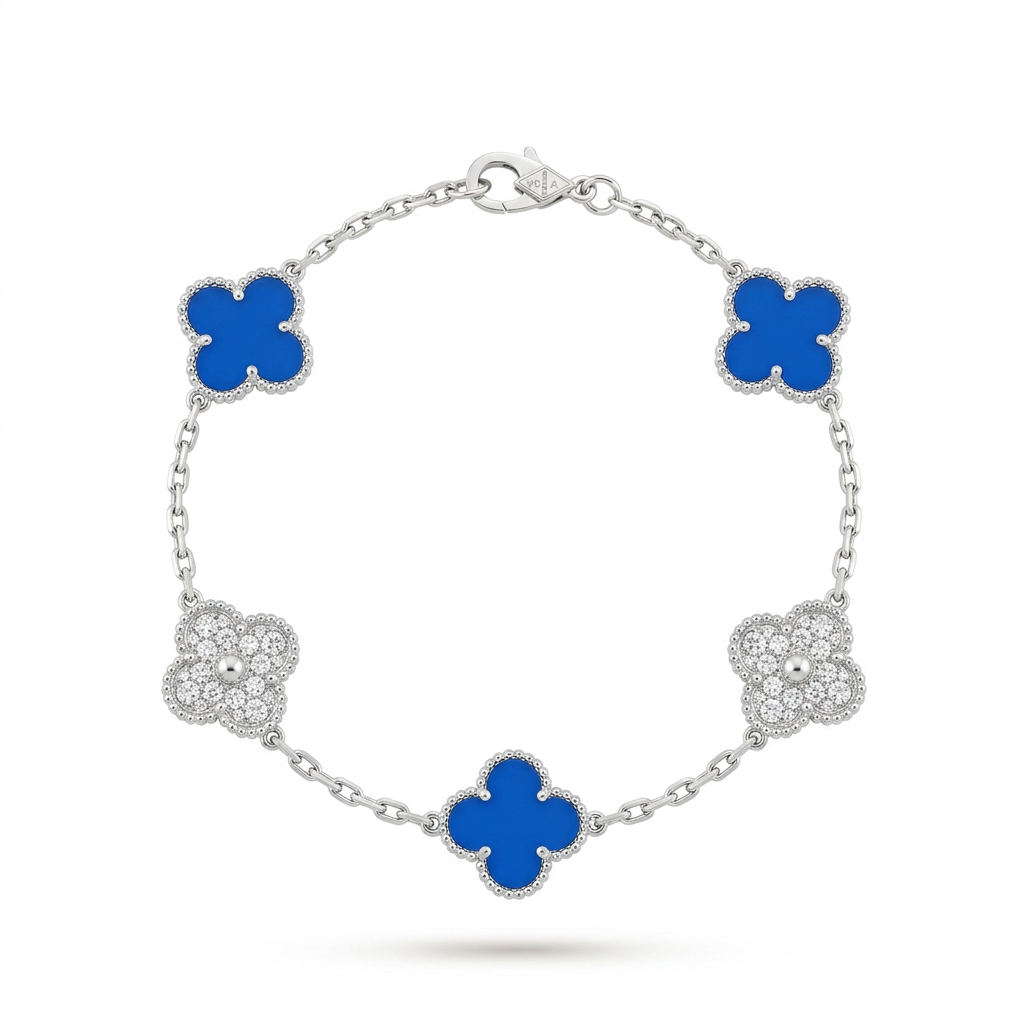 Silver-tone bracelet with three blue clovers and two stone-accent clovers