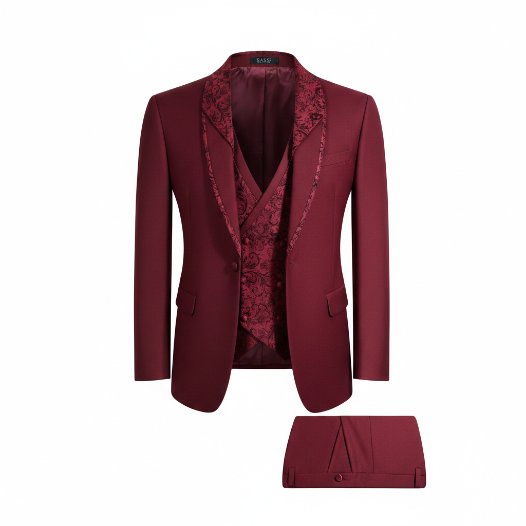 Wine paisley jacquard 3-piece suit ghost mannequin view