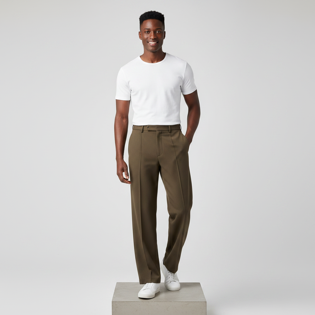 Olive Brown Wide-Leg Tailored Trousers - Model Front