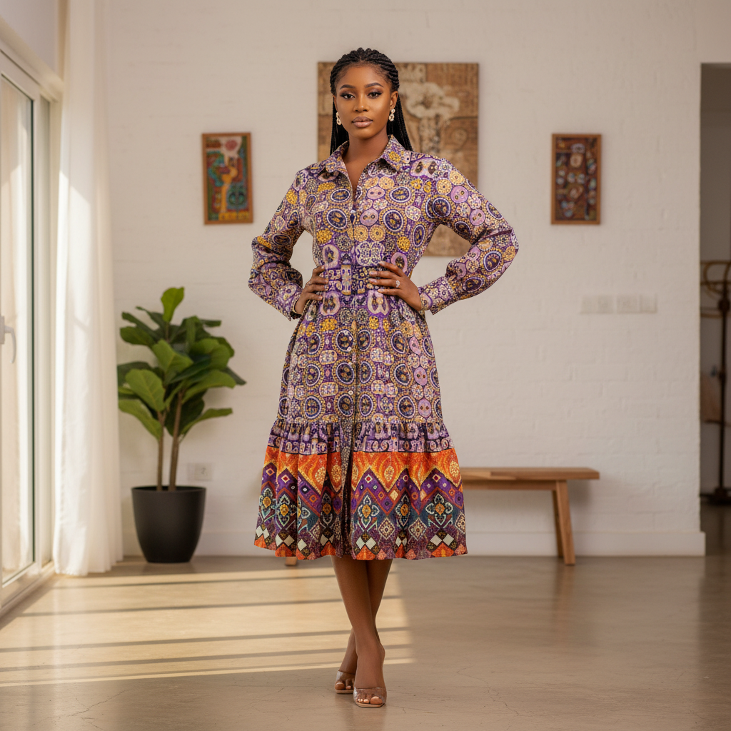 Medallion Print Tiered Shirt Dress Purple - Model Shot