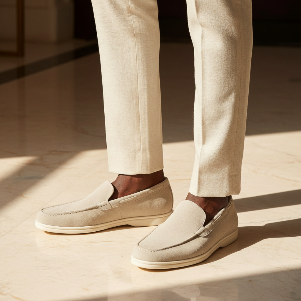 Nigerian male model wearing Berluti Paris light beige suede slip-on loafers, tight zoomed-in luxury leg focus lifestyle shot