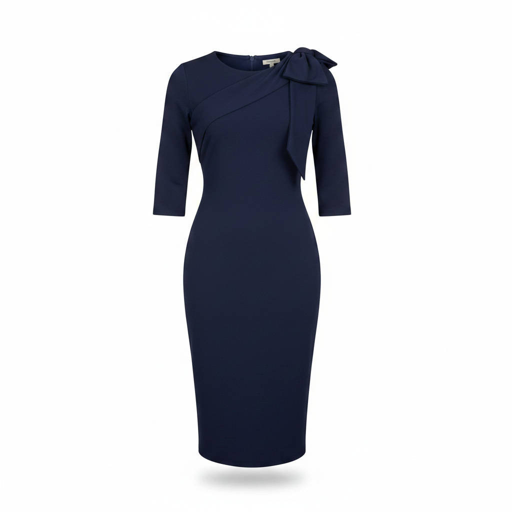 Ghost mannequin view of Women's Navy Blue 3/4 Sleeve Bow-Shoulder Bodycon Midi Dress