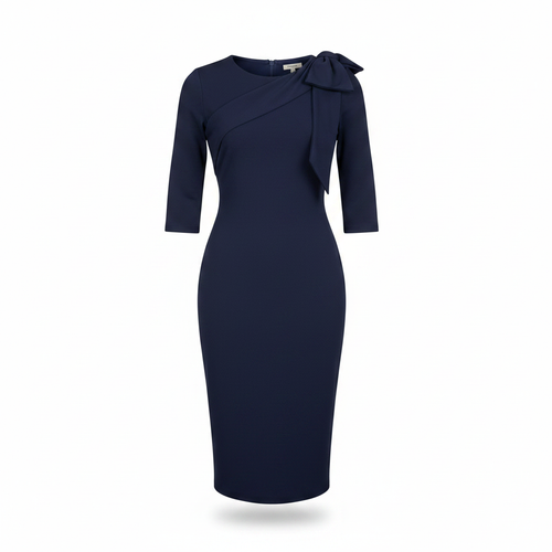 Ghost mannequin view of Women's Navy Blue 3/4 Sleeve Bow-Shoulder Bodycon Midi Dress