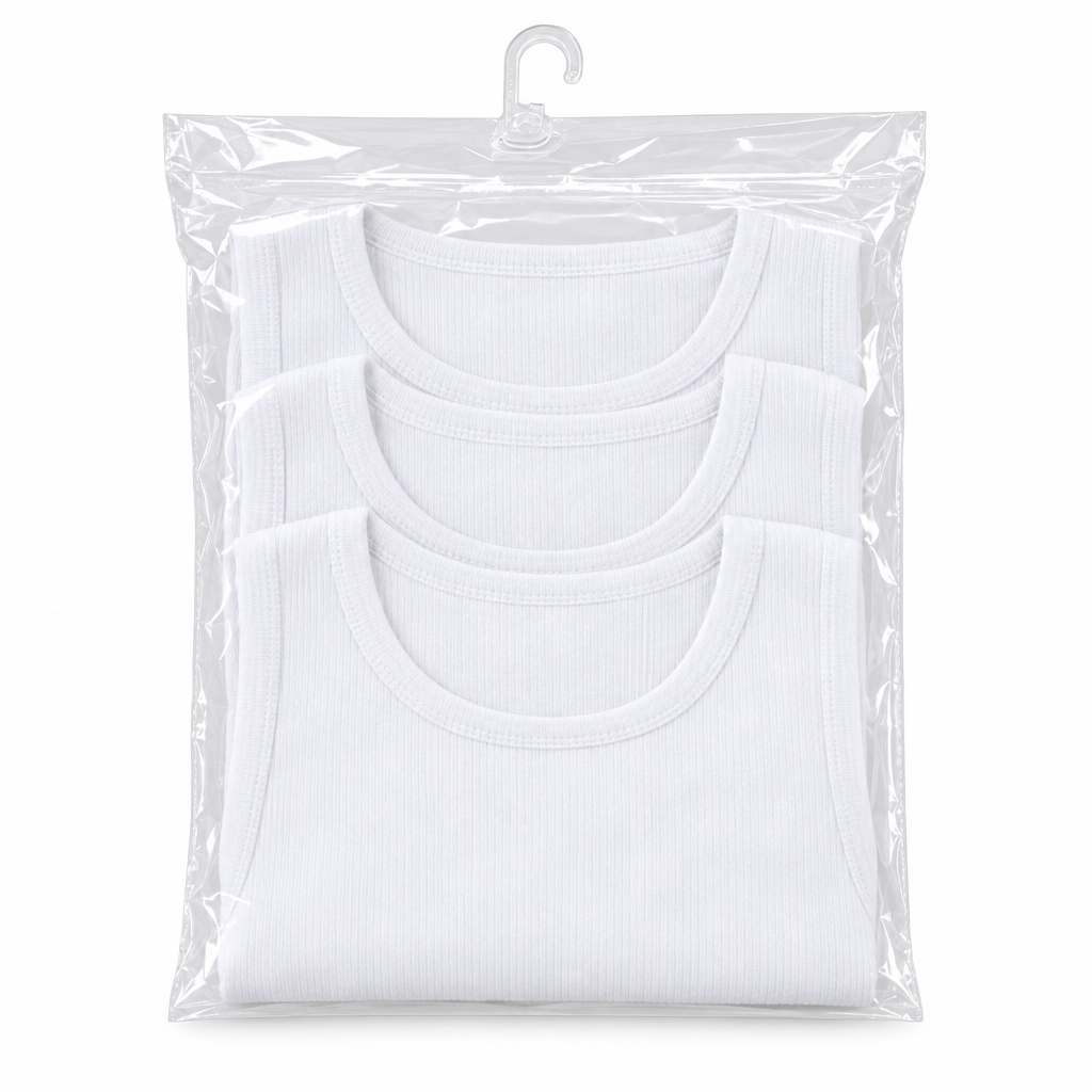 3-Pack White Ribbed Cotton Men's Vest Singlets – Pack Shot