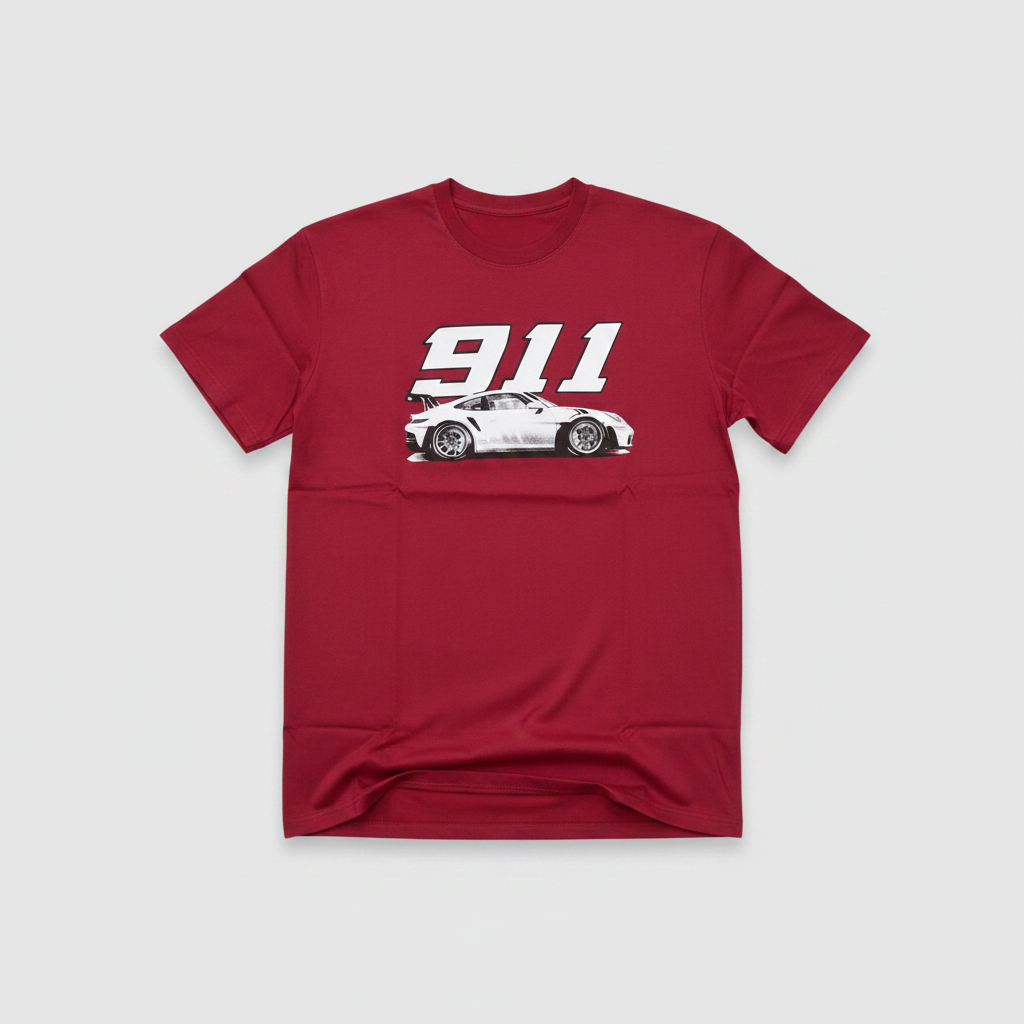 Men's red 911 car graphic T-shirt mannequin image