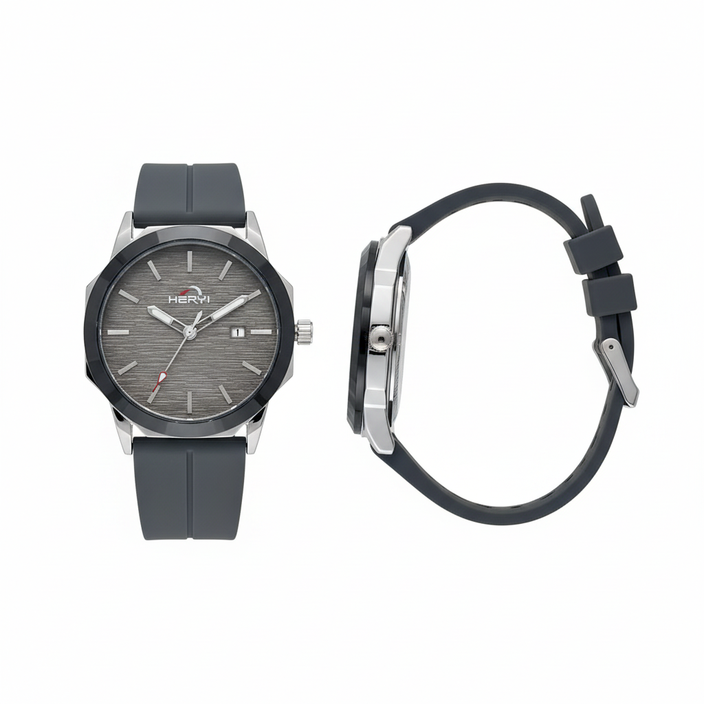 Full charcoal grey faceted round watch shown from the front and side on a white background