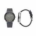 Full charcoal grey faceted round watch shown from the front and side on a white background