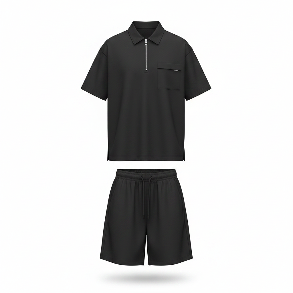Ghost mannequin view of Unisex Black Half-Zip Polo Shirt & Wide-Leg Shorts Co-ord Set