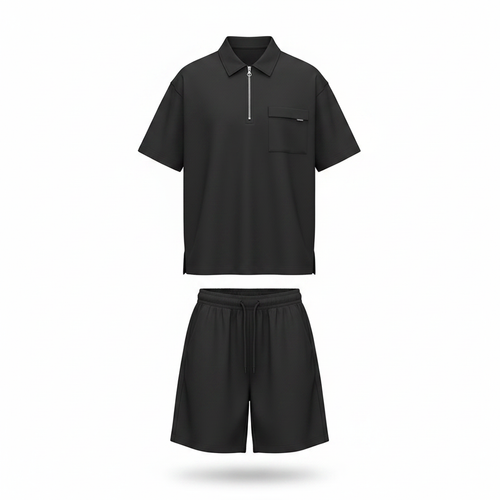 Ghost mannequin view of Unisex Black Half-Zip Polo Shirt & Wide-Leg Shorts Co-ord Set
