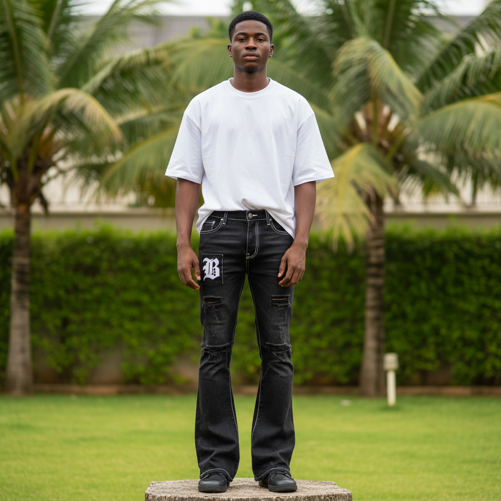 Nigerian male model wearing black distressed flare jeans with gothic patch – full body lifestyle shot