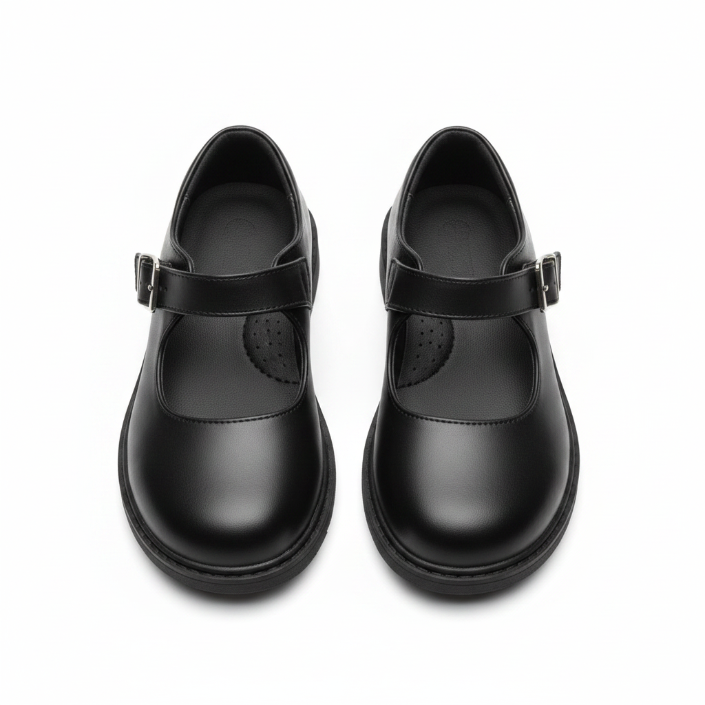 Girls' black matte leather Mary Jane school shoes with silver buckle strap — ghost mannequin complete pair