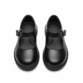Girls' black matte leather Mary Jane school shoes with silver buckle strap — ghost mannequin complete pair