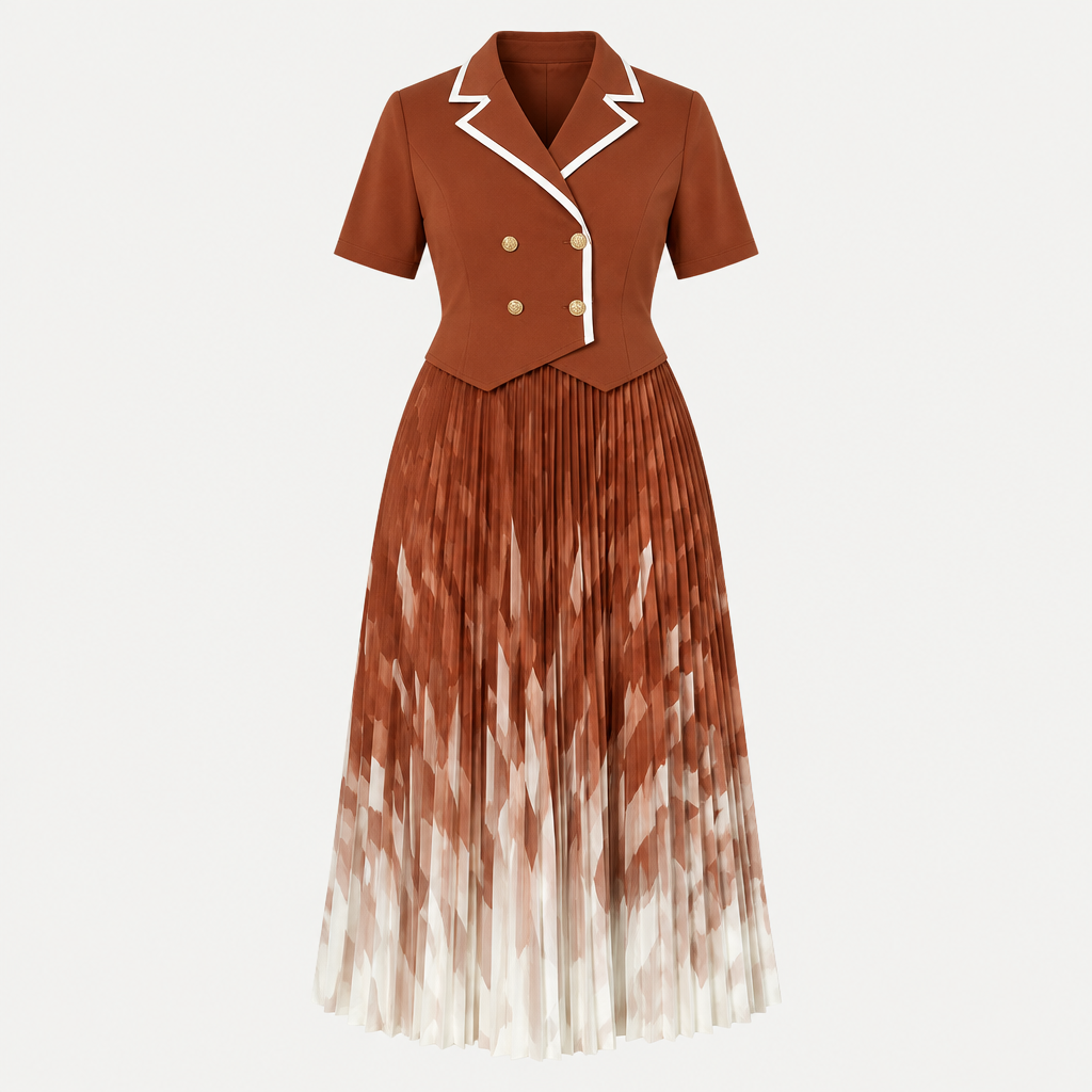 Ghost mannequin view of a rust pleated gown with contrast-trim bodice and geometric skirt