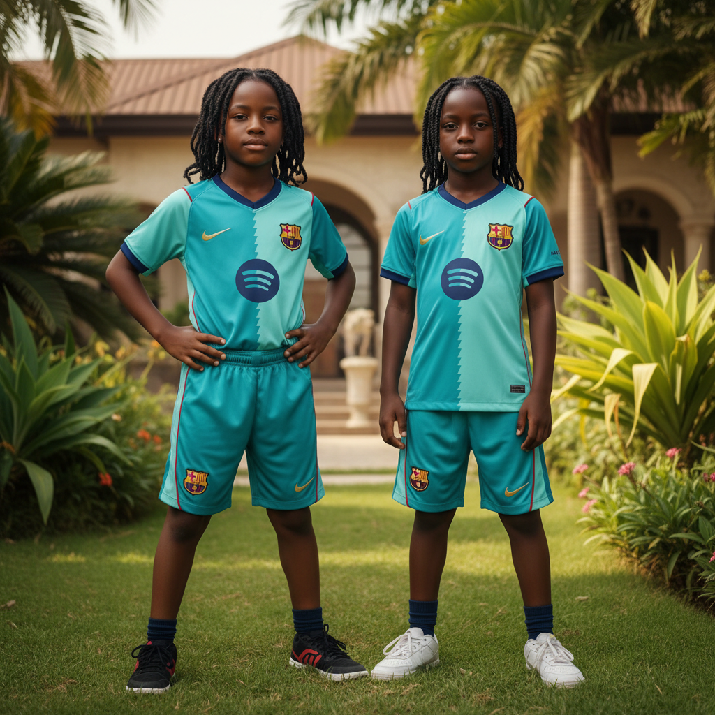 Nigerian boy and girl wearing aqua teal kids football jersey set