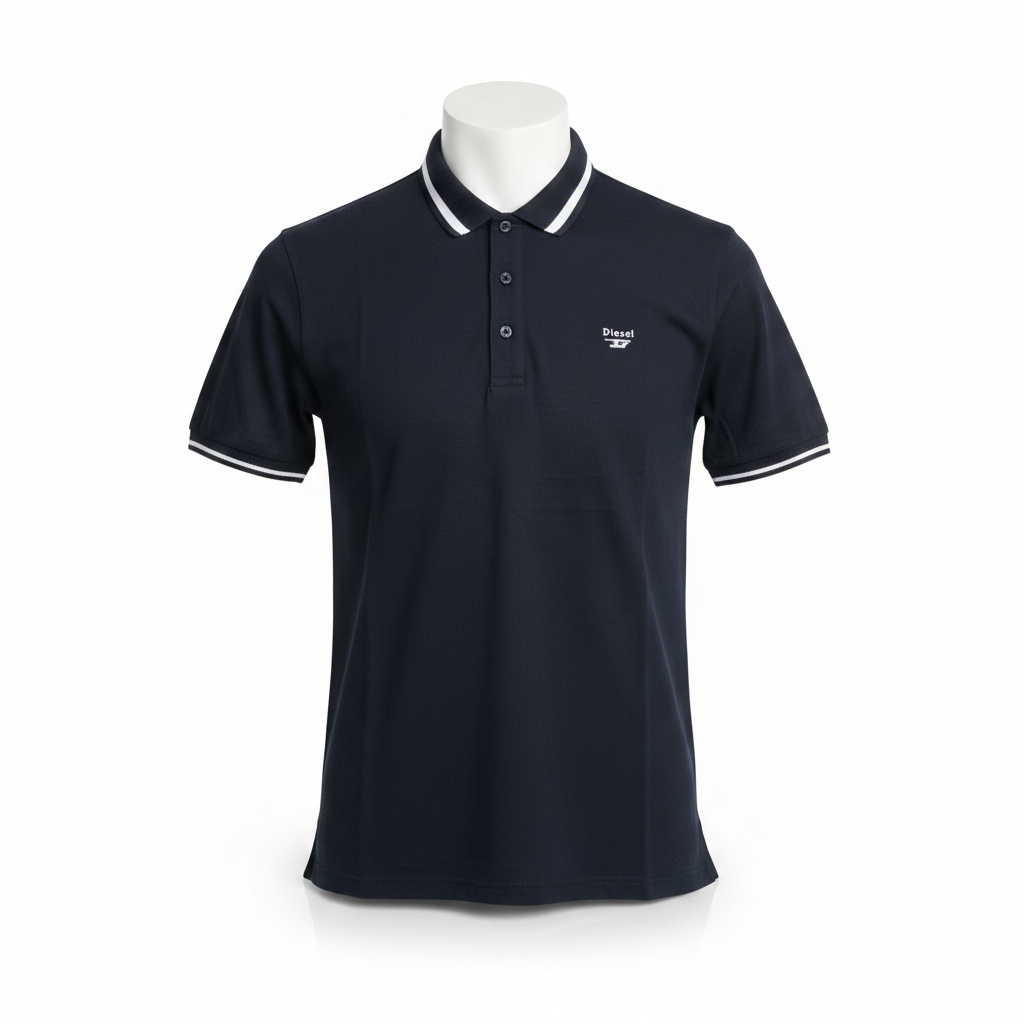 Men's navy polo shirt with white tipped collar and cuffs, ghost mannequin front view