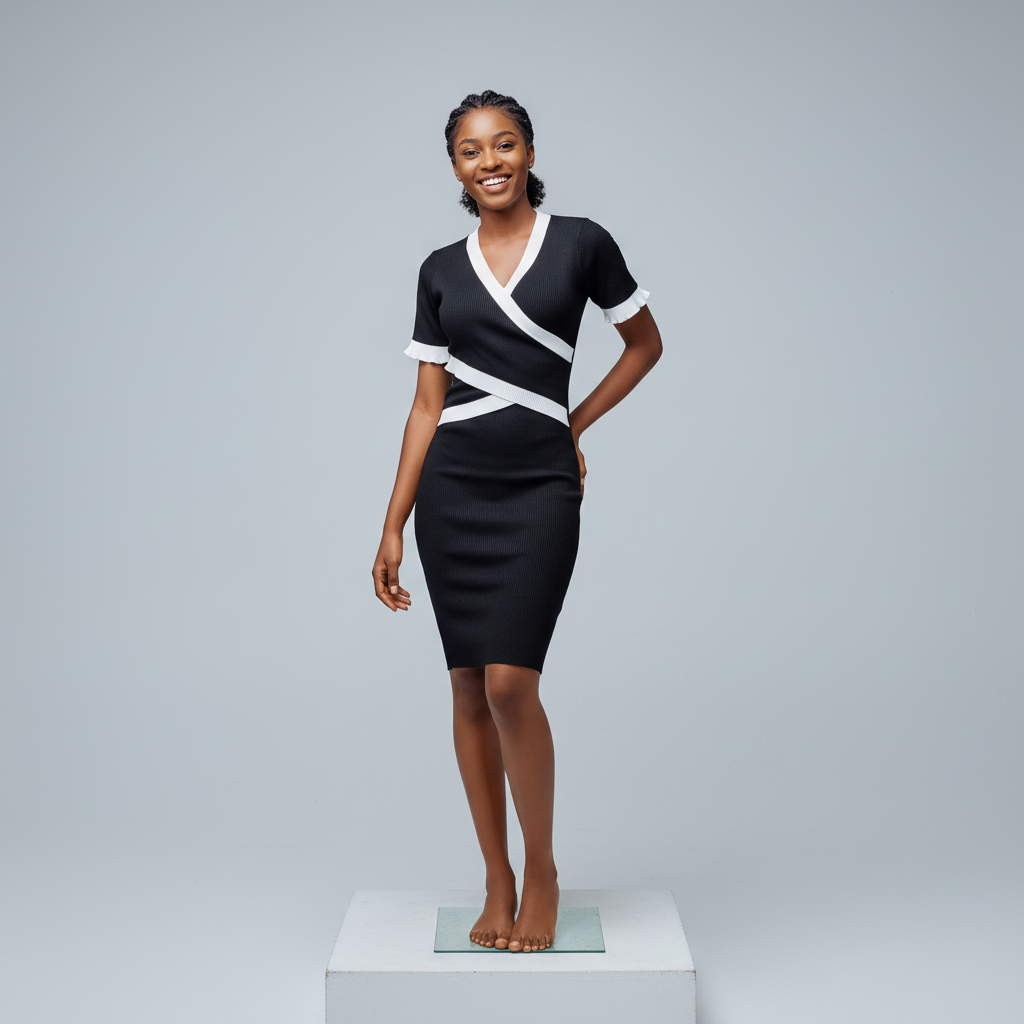 Nigerian female model front view - black white wrap ribbed bodycon dress