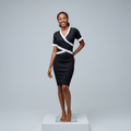 Nigerian female model front view - black white wrap ribbed bodycon dress