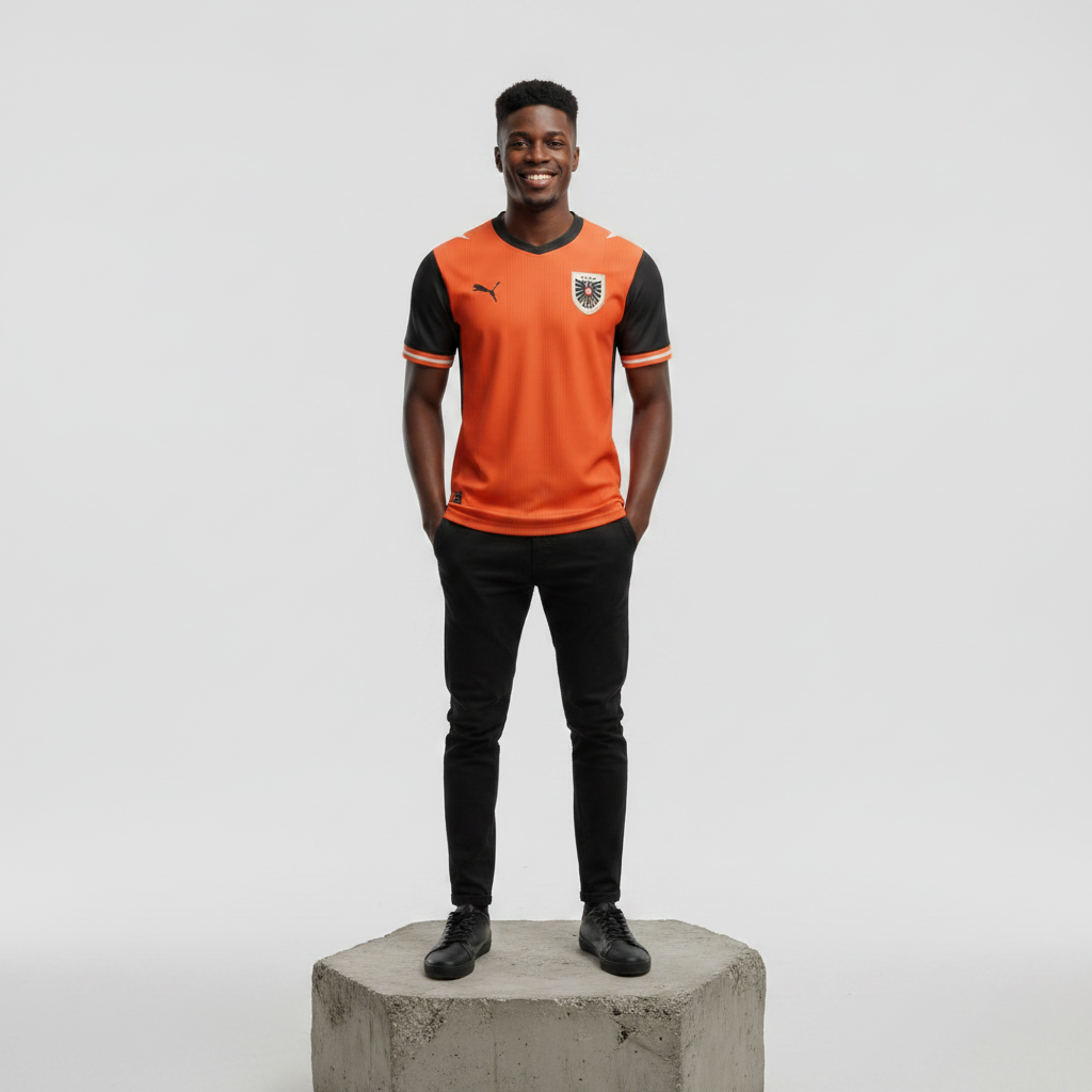 Nigerian male model wearing orange black two-tone football jersey on concrete plinth
