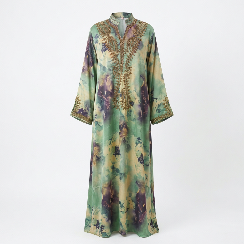 Full-length sage watercolour embellished abaya ghost image on white
