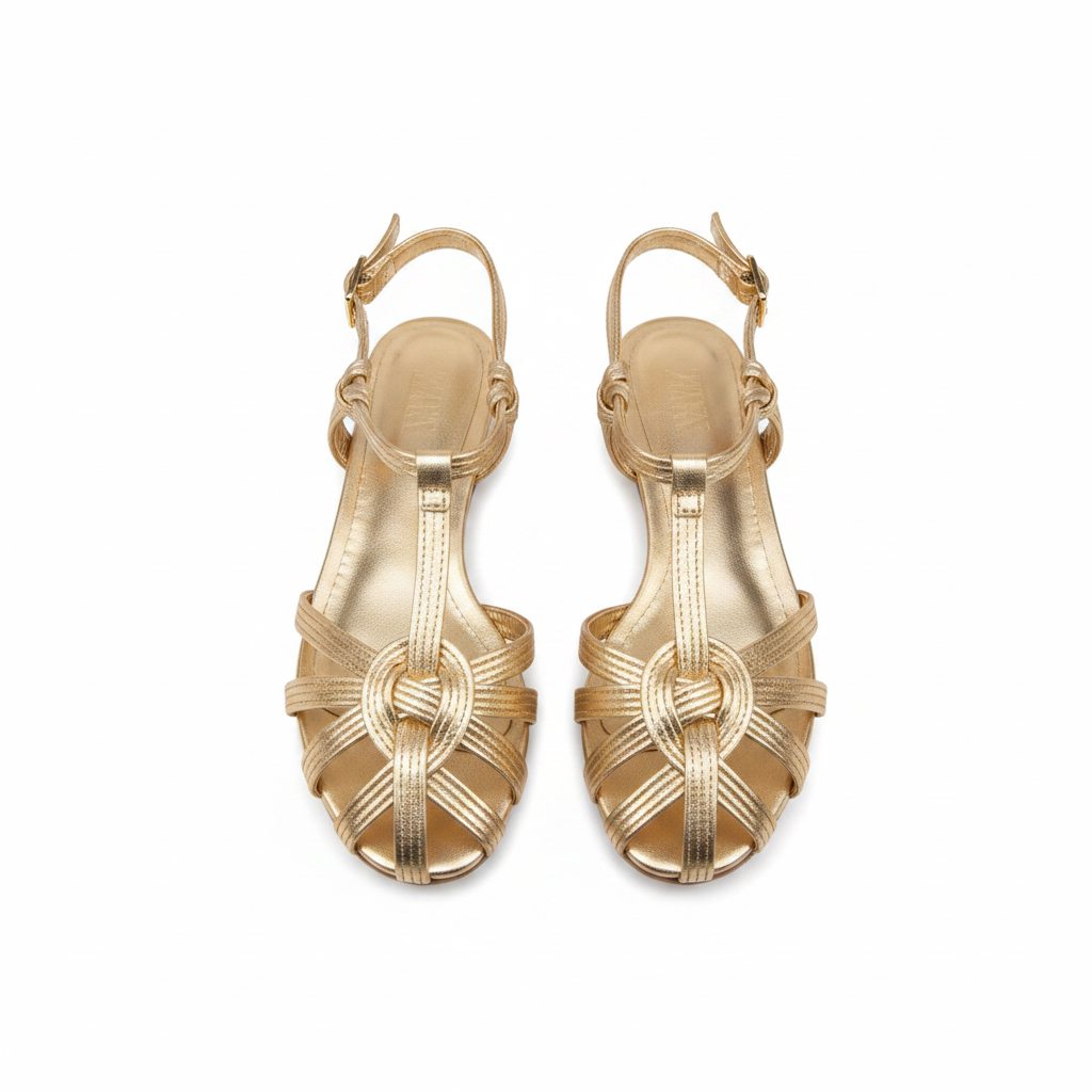 Women's gold woven cage flat sandal — ghost mannequin view