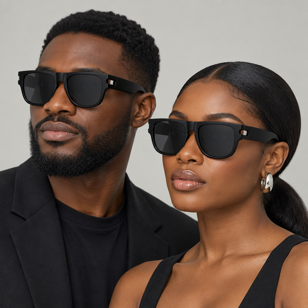 AI-generated adults wearing black flat-top square sunglasses