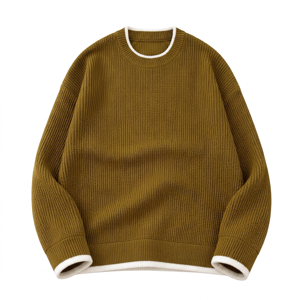 Olive-mustard rib-knit crew-neck sweater with white edging