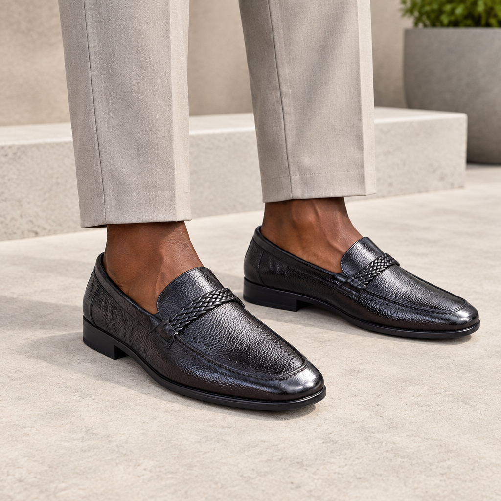 Black model wearing black men's textured loafers with woven strap detail