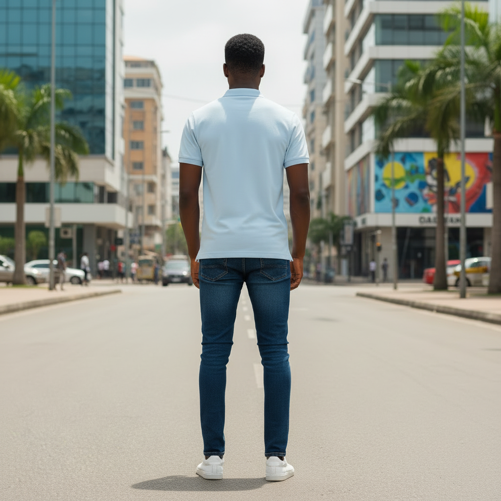 Young Nigerian male model wearing light blue polo shirt, back view, Nigerian urban background