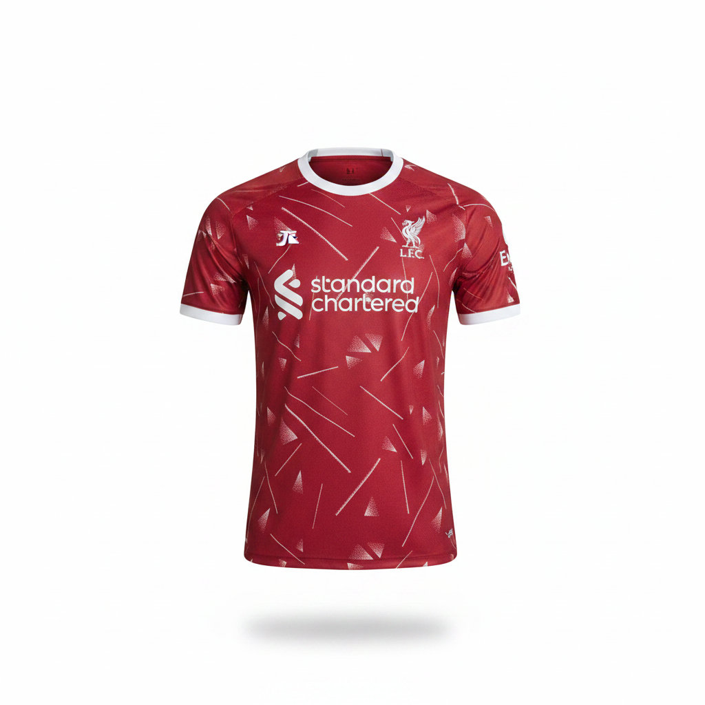 Crimson red geometric print football jersey ghost mannequin front view - white triangle pattern, white collar trim