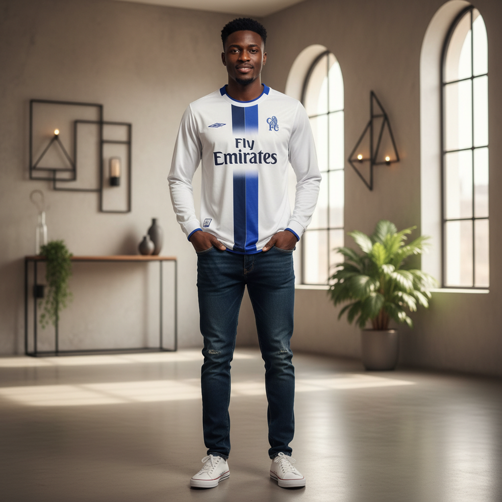 White Retro Long Sleeve Away Jersey – Model Shot