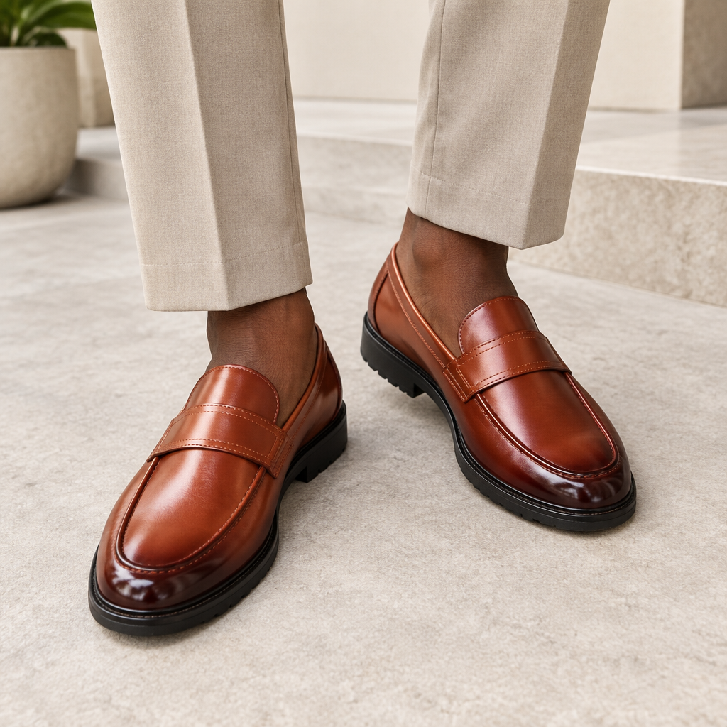 Black model wearing brown men's penny loafers with lug sole