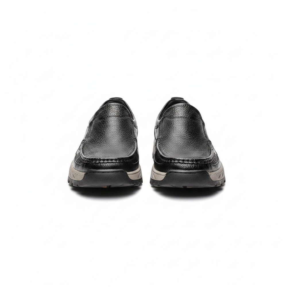 Men's black pebbled leather slip-on loafers with lug sole pair product shot