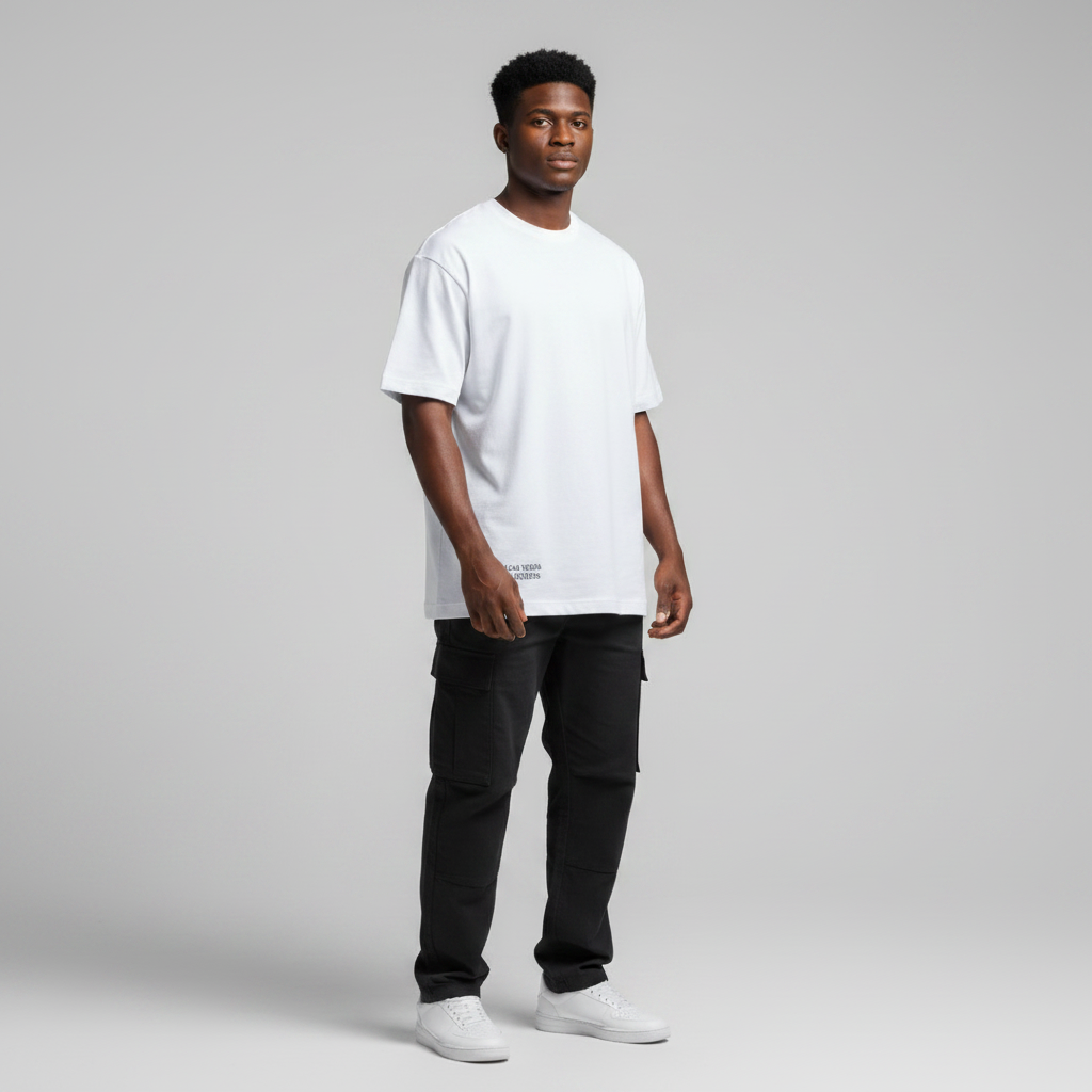 Young Nigerian male wearing white Las Vegas Raiders Established 20 graphic tee