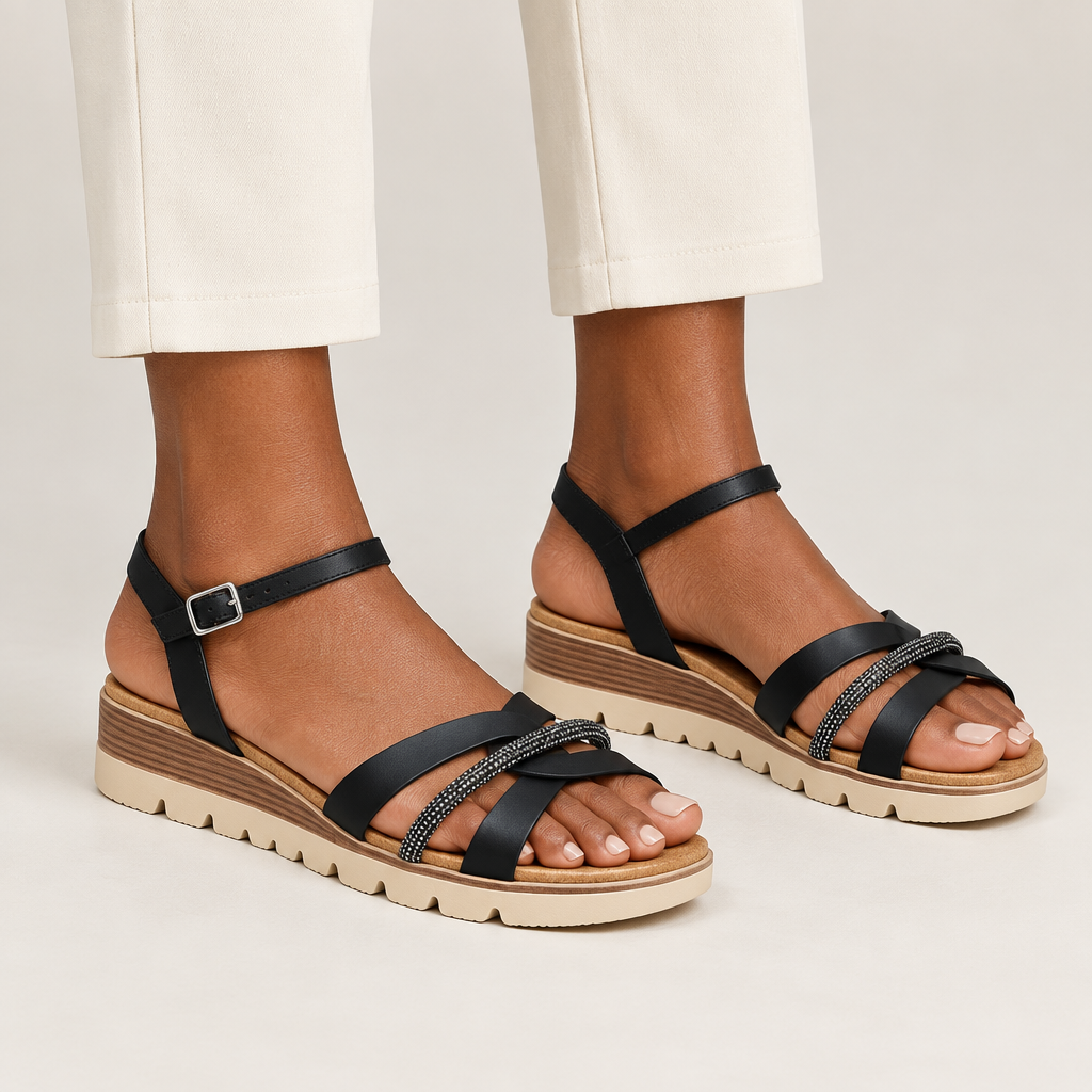 Black braided-trim platform sandals worn on both feet