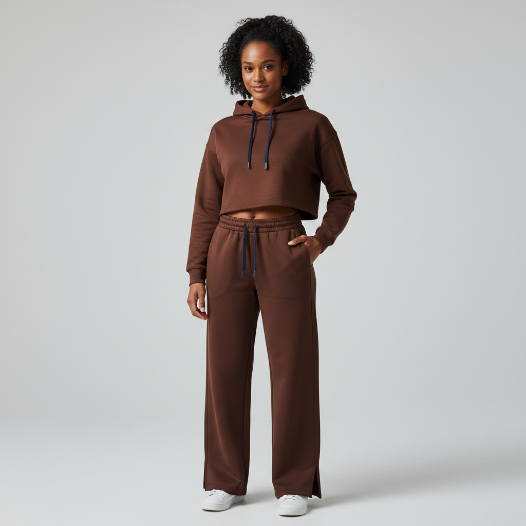 Female model wearing brown wide-leg sweatpants