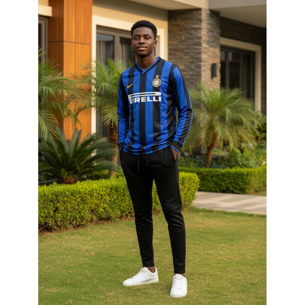 Royal blue and black striped long-sleeve retro football jersey — Nigerian male model front view