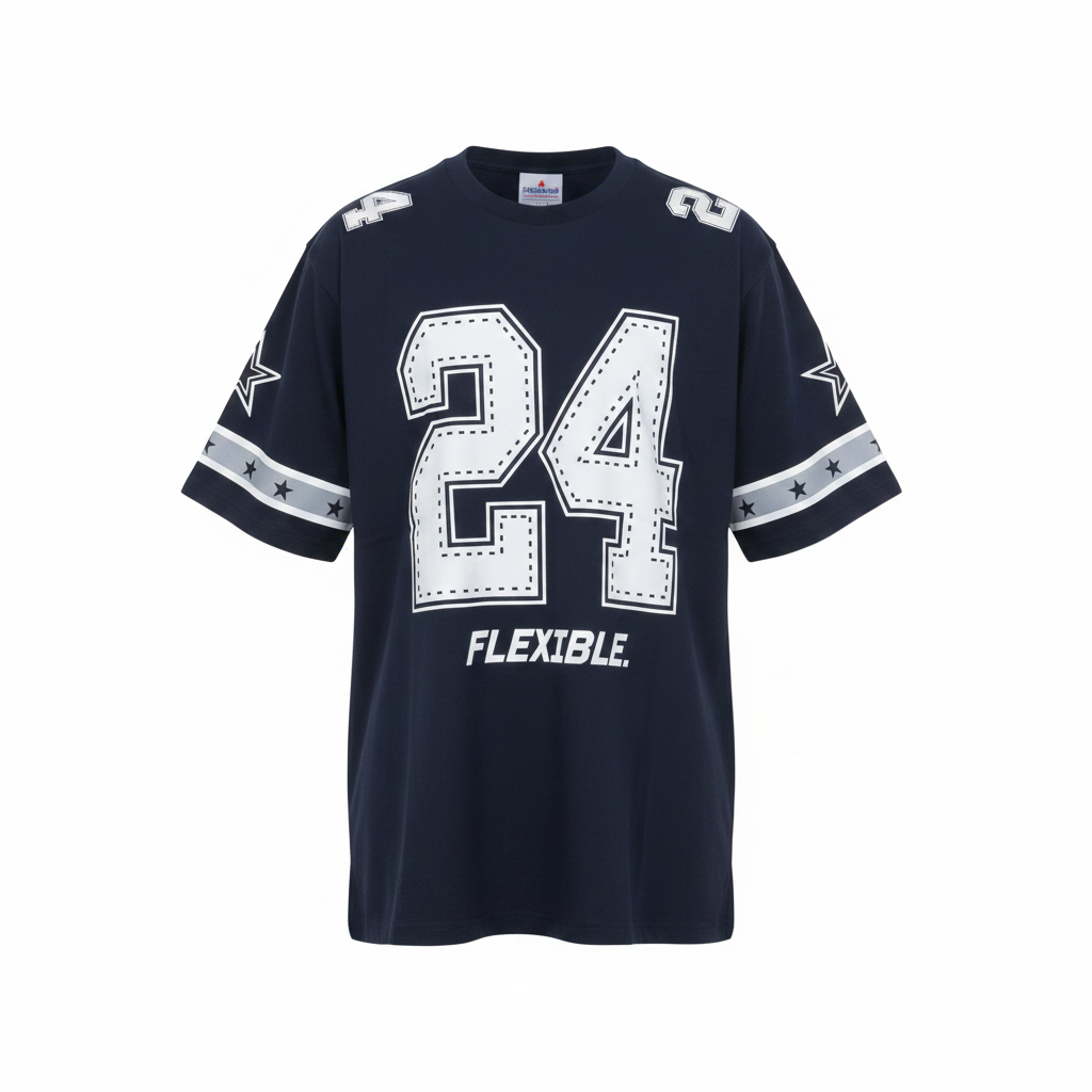 Ghost mannequin front view of navy blue #24 varsity jersey shirt