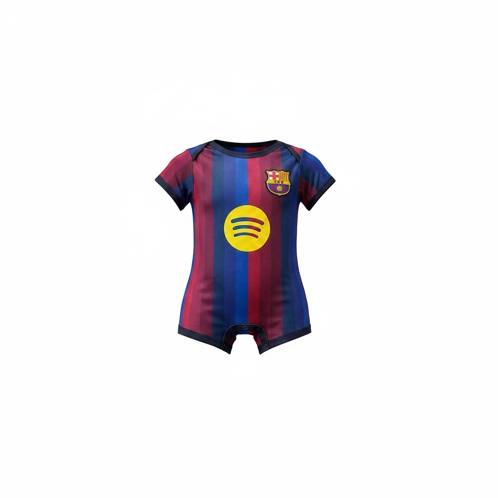 Baby blue & red stripe football romper bodysuit – ghost mannequin front view on white background