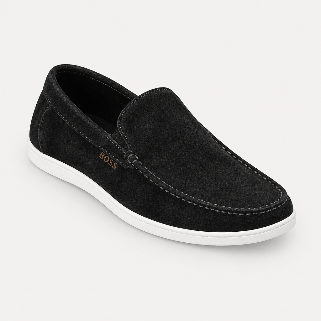 Black suede-style loafer with apron stitching and white sole