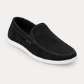Black suede-style loafer with apron stitching and white sole