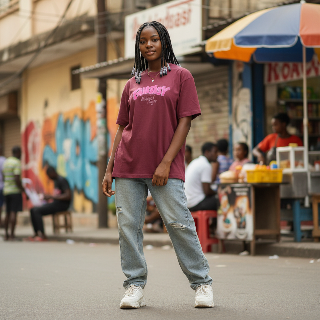 Young Nigerian teen wearing burgundy fantasy graphic oversized tee