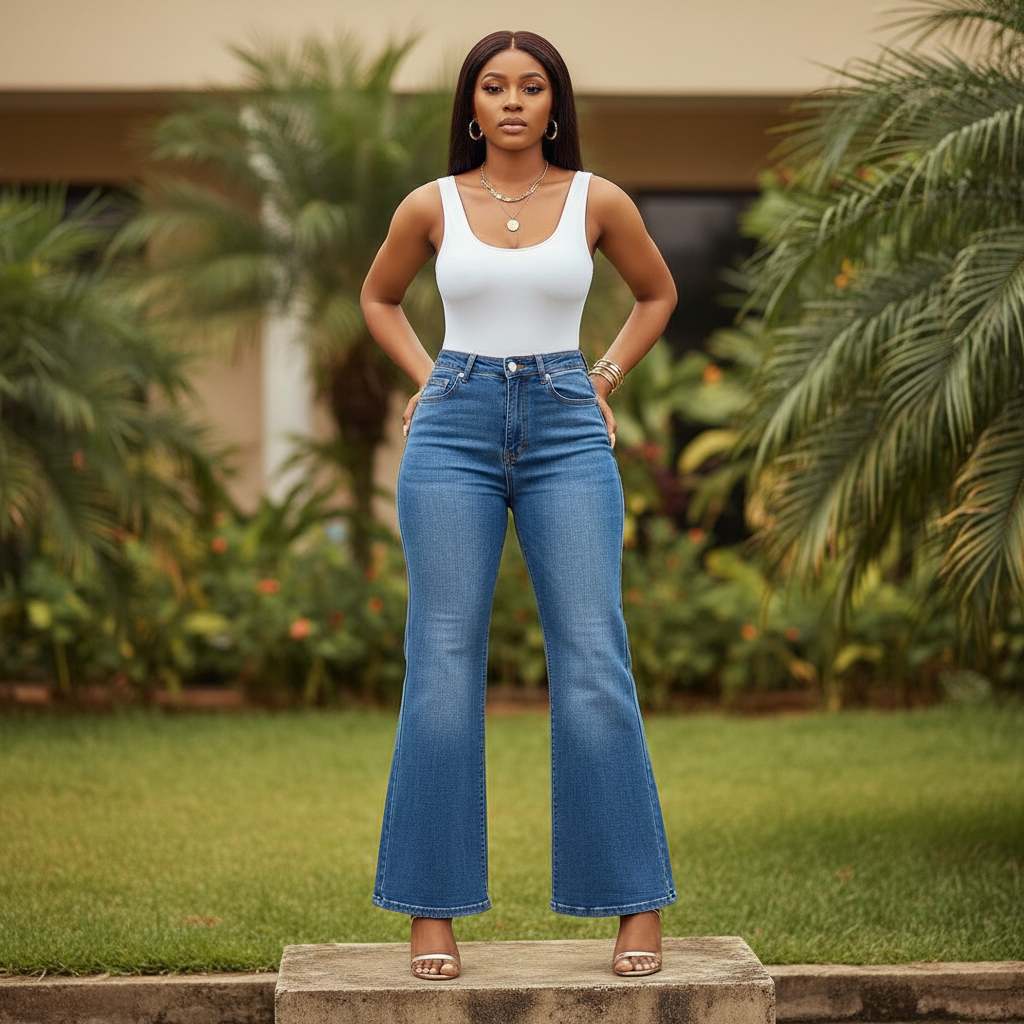 Nigerian female model wearing women's medium blue high-waist wide-leg flare denim jeans, garden setting