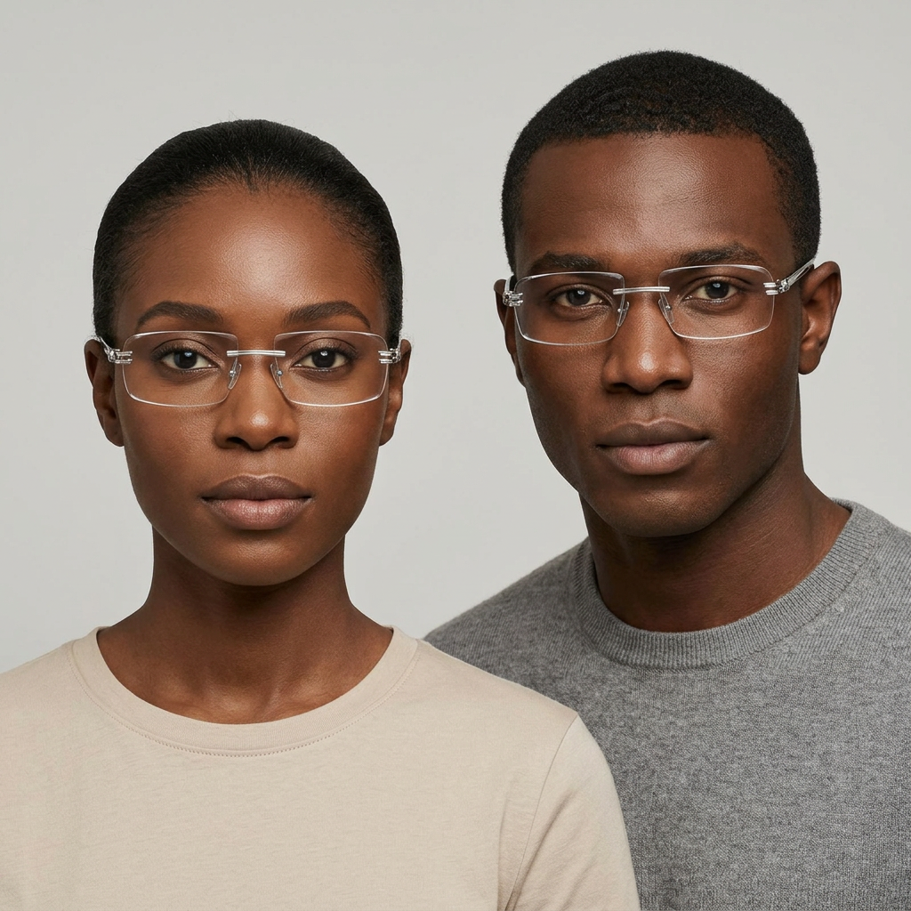 Unisex rimless eyeglasses shown on two Black adult models